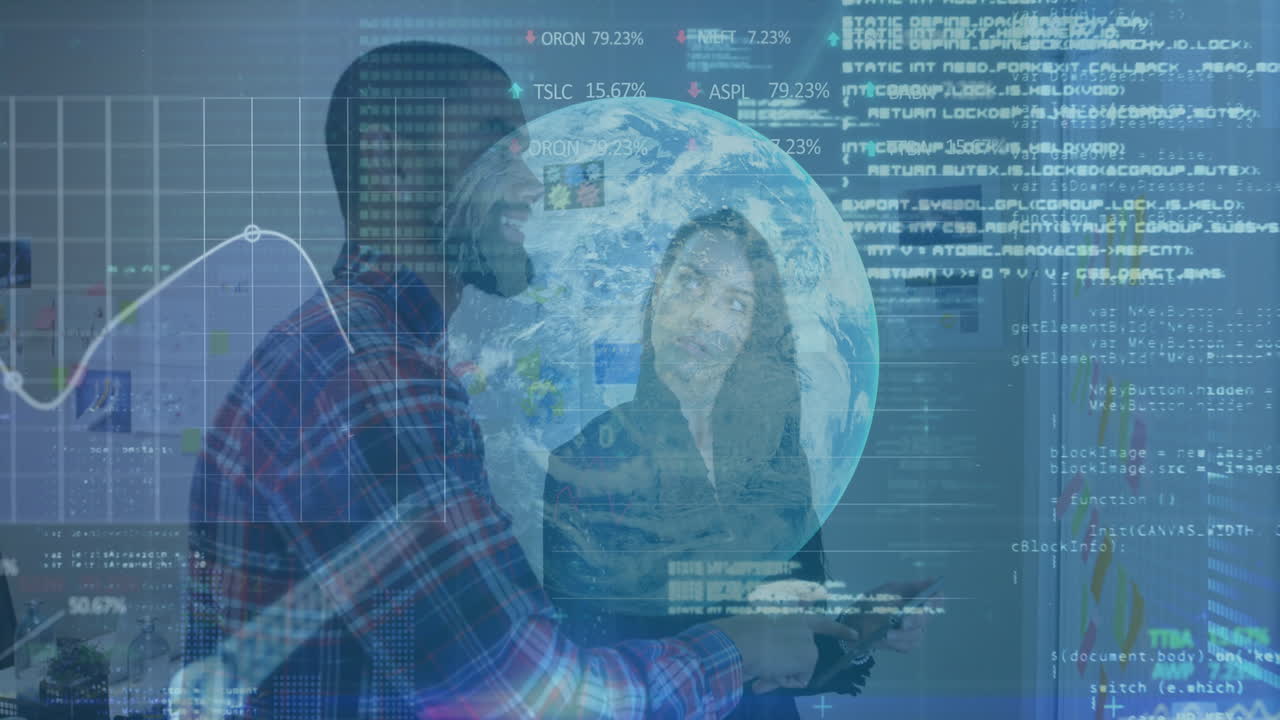 Discussing data analytics, diverse professionals with digital globe and animation in school