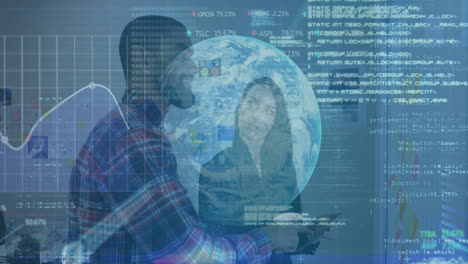 discussing data analytics, diverse professionals with digital globe and animation in school