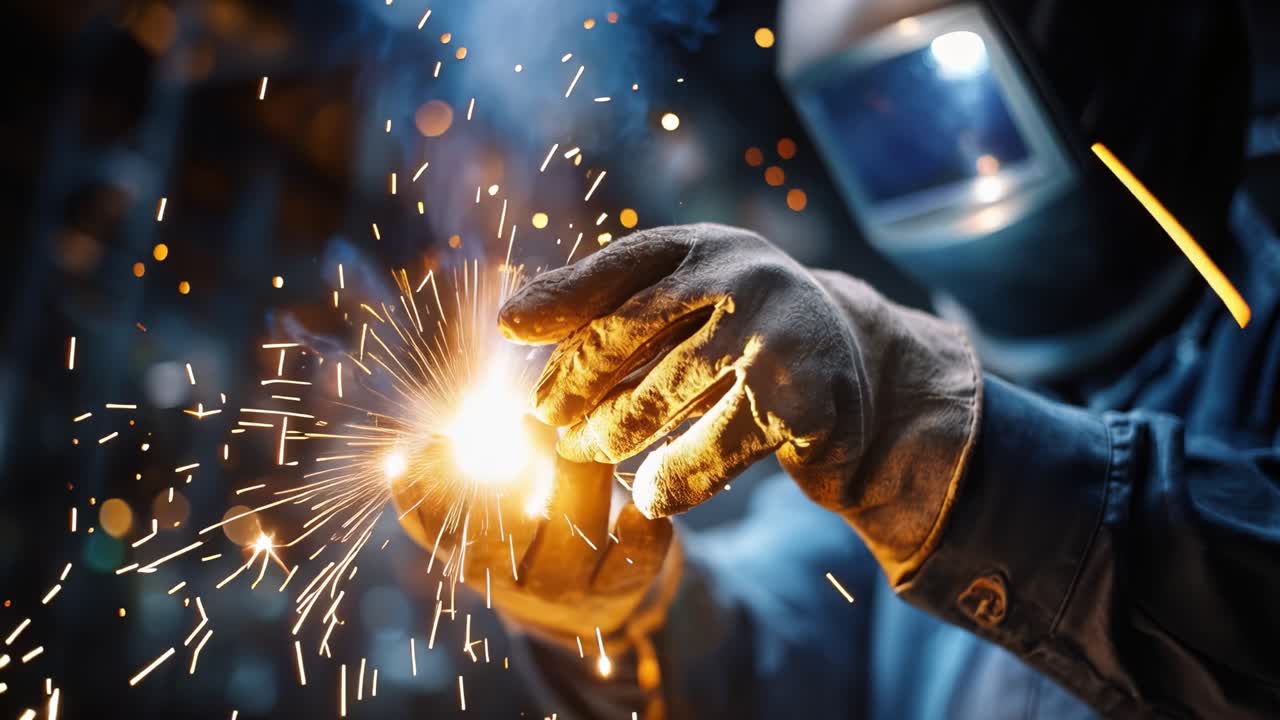 A skilled technician performs welding, showcasing intense sparks and bright light as they carefully manipulate materials in a controlled industrial environment