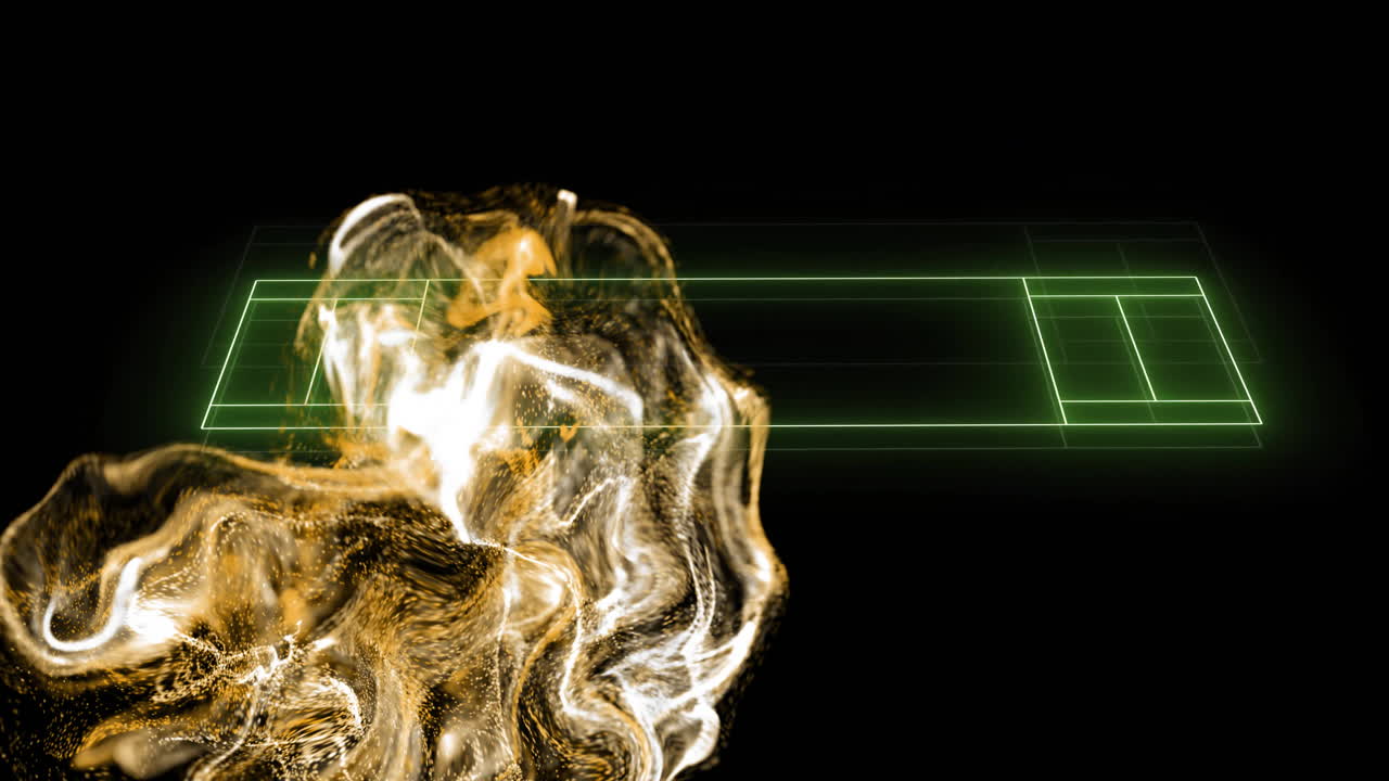 Abstract golden fluid shapes animation over green digital grid on black background