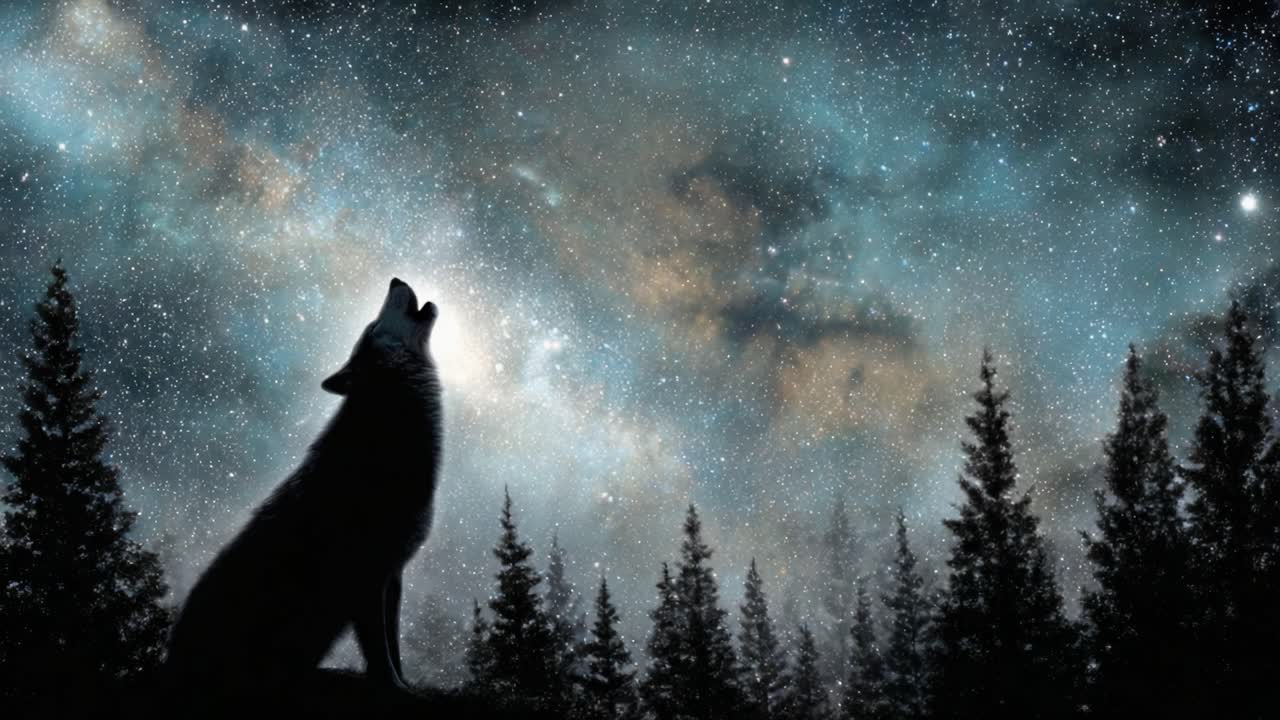 A Majestic Wolf Howls at the Starry Night Sky, Embracing the Cosmic Wonder and Nature's Beauty in a Serene Forest Setting under a Glittering Milky Way