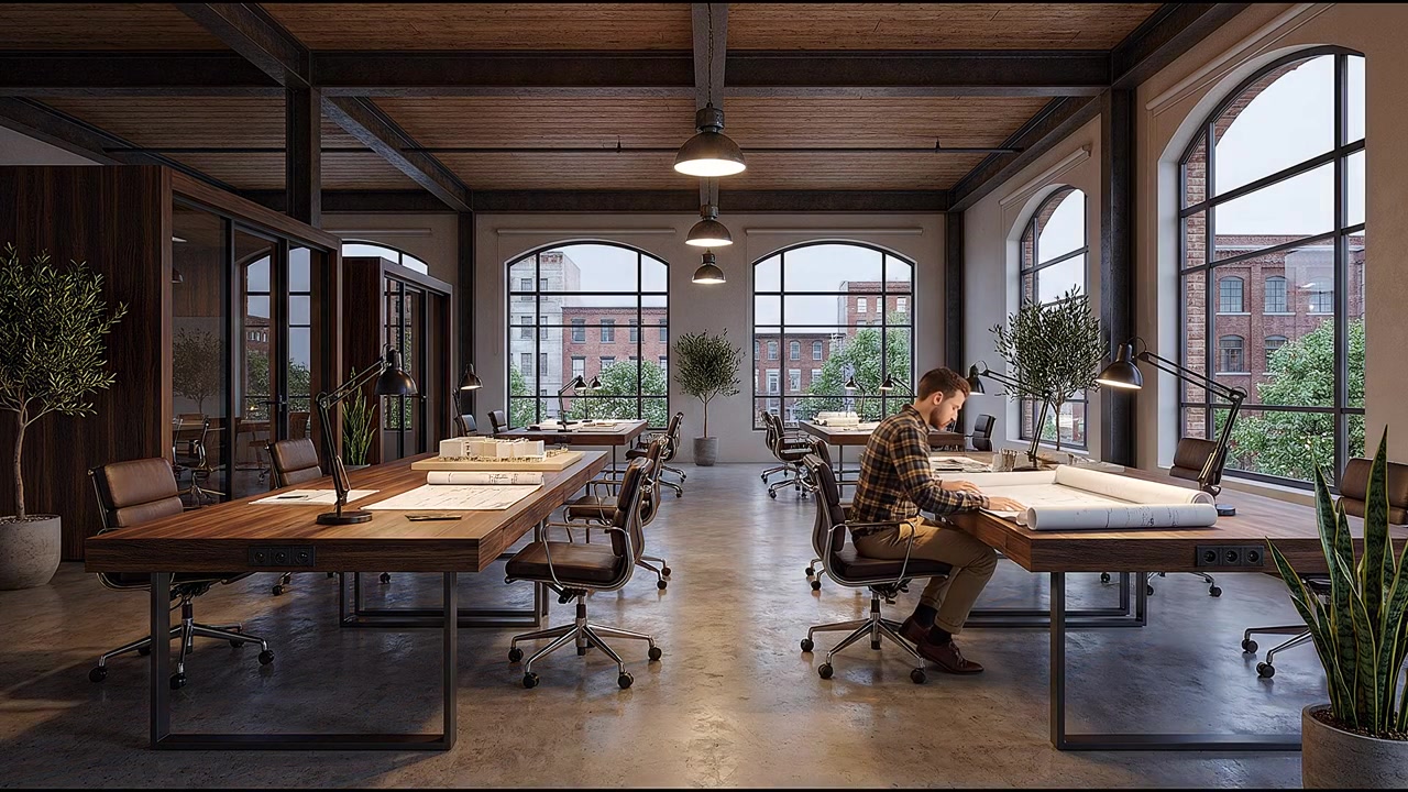 Interno di un ufficio moderno caratterizzato da un design contemporaneo dello spazio di lavoro e un ambiente incentrato sulla tecnologia.