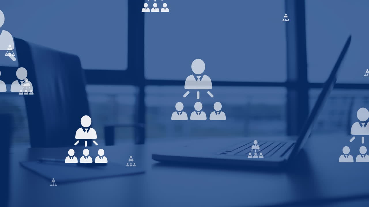 animación de la red de conexiones con iconos sobre la oficina