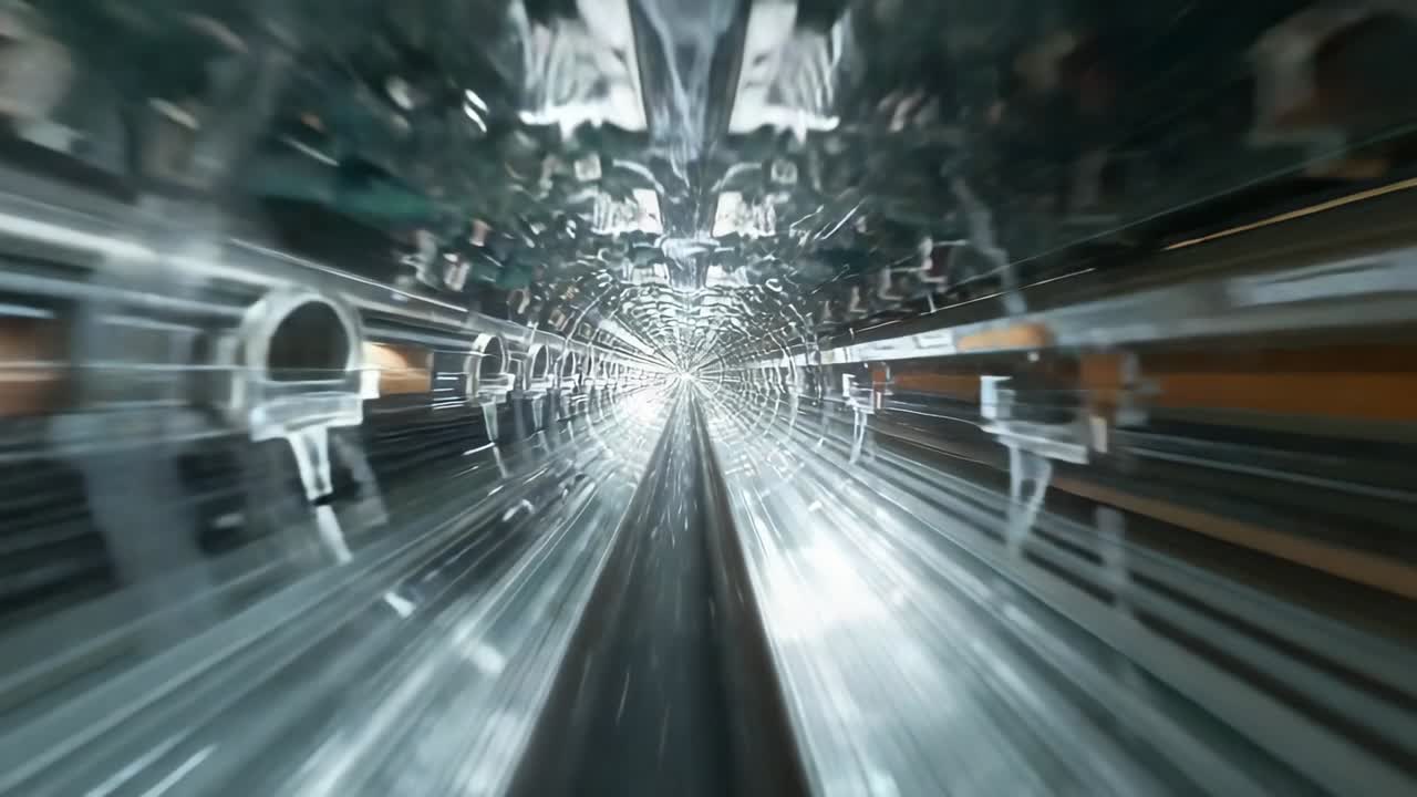 Motore che si avvia, telecamera che avanza attraverso un tunnel metallico, passando una guida centrale e staffe.