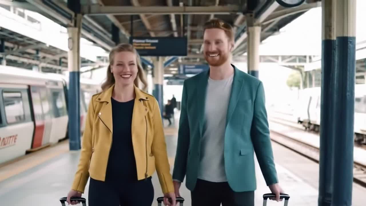 Happy Young Couple with Rolling Luggage Walking Together at a Train Station Platform