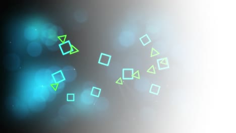 Animation-of-multiple-geometric-shape-with-blue-lens-flares-over-black-background