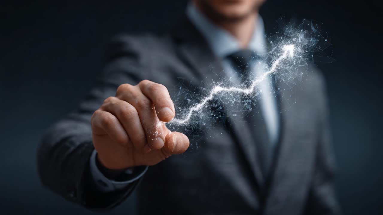 A Businessman Harnessing Energy: A Creative Representation of Innovation and Power with Electricity in Motion Demonstrating Leadership and Vision