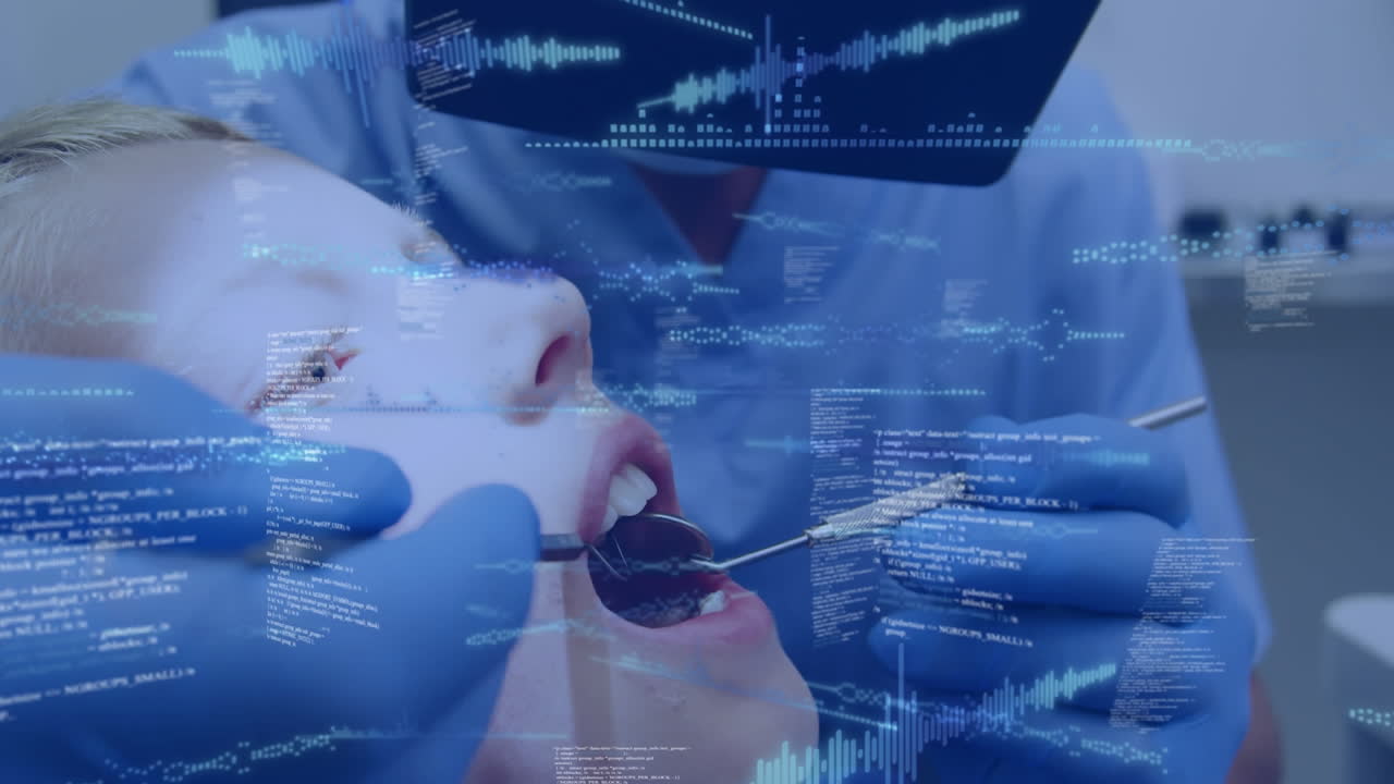 치과의사 의자에 있는 소녀에 대한 데이터 처리 애니메이션