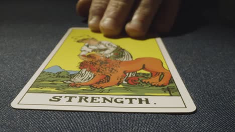 close up shot of person giving tarot card reading laying down the strength card on table