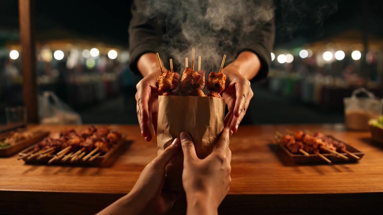 Venditore di street food che consegna spiedini di carne alla griglia caldi a un cliente