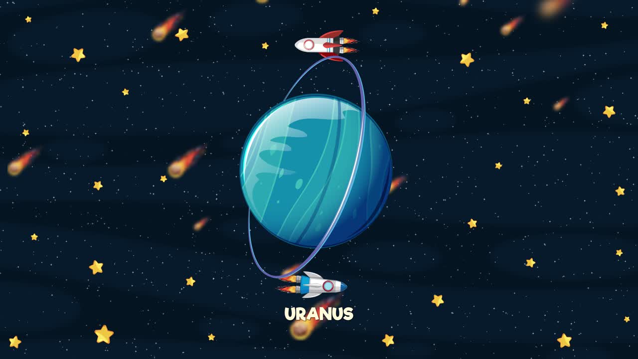 Colorful rockets orbit Uranus in a whimsical animation with vibrant colors and dynamic movement against a starry backdrop
