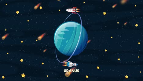 colorful rockets orbit uranus in a whimsical animation with vibrant colors and dynamic movement against a starry backdrop