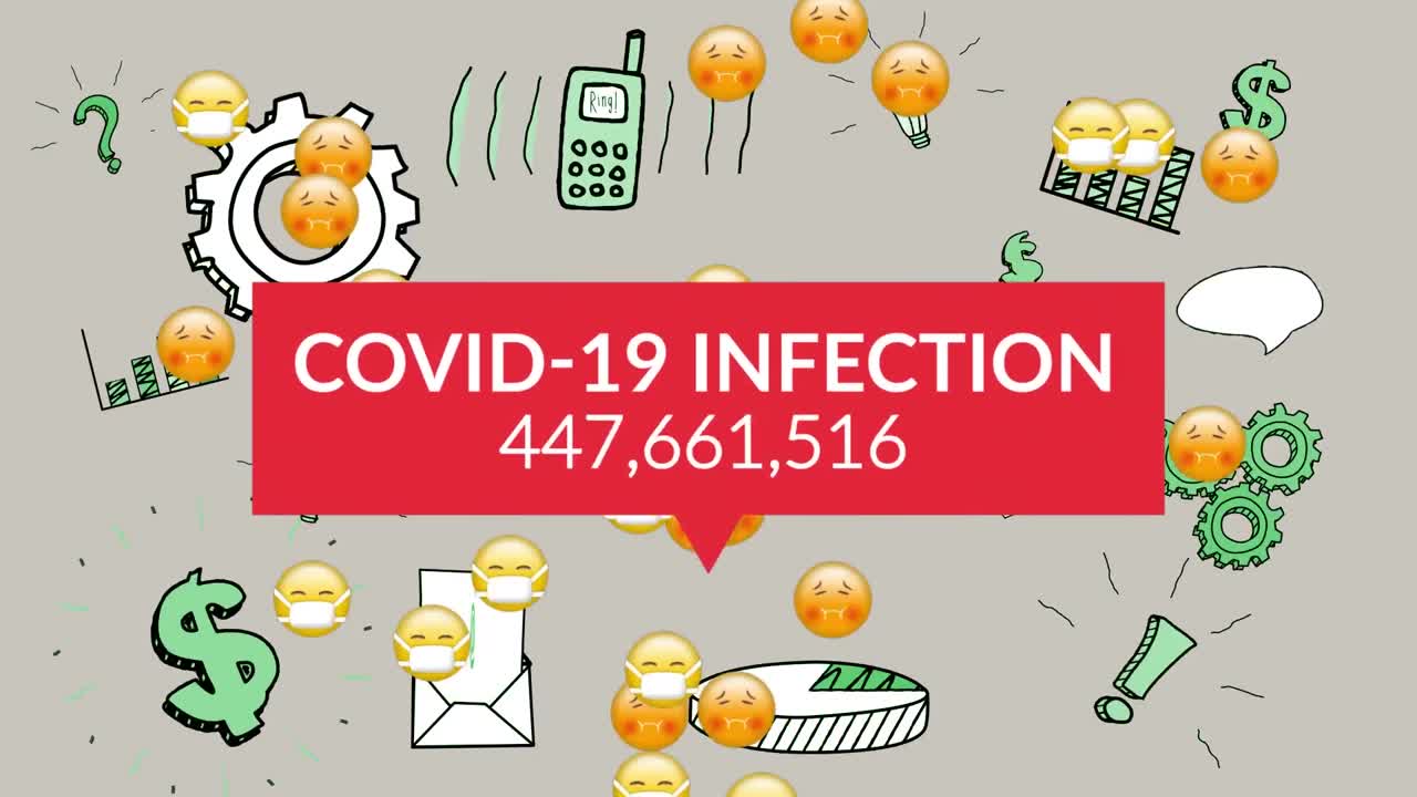 감염자 수가 증가함에 따라 얼굴 마스크에 다양한 아이콘과 이모티콘의 애니메이션