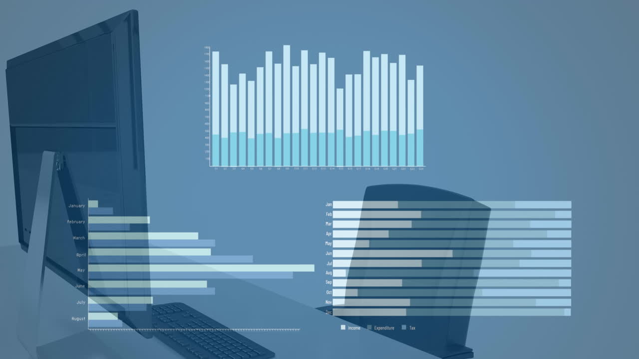 Animation of statistical data processing against office desk
