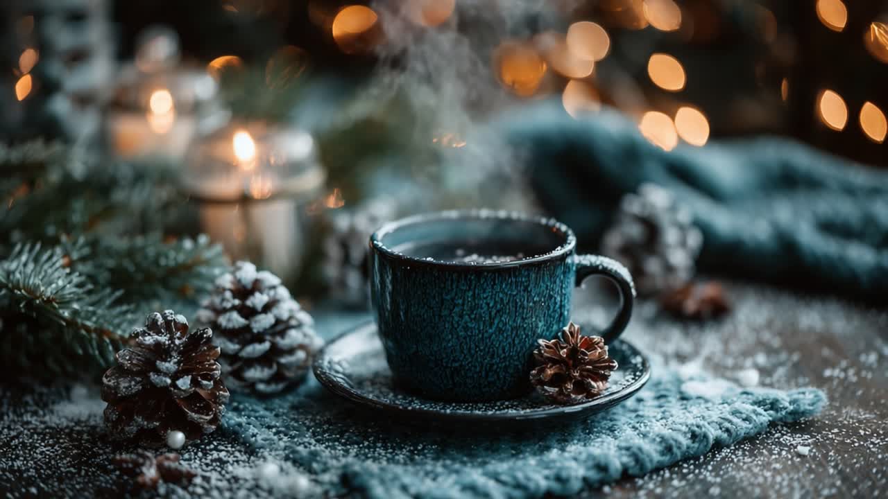 A Cozy Winter Scene Featuring a Warm Cup of Coffee, Pinecones, and Soft Bokeh Lights, Creating an Inviting Atmosphere for Relaxation and Enjoyment