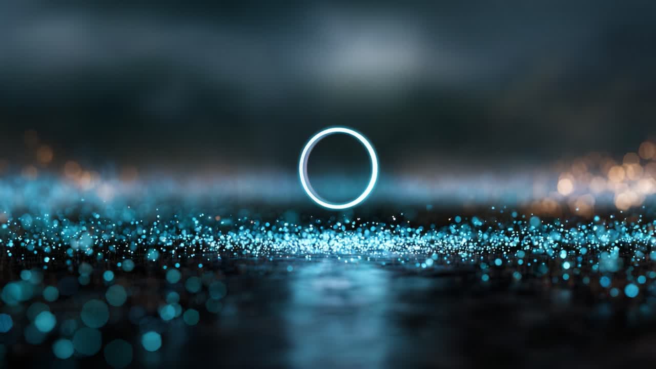 Futuristic Circular Portal Surrounded by Glowing Particles on a Dark Background with a Mystical Atmosphere and Sparkling Water Reflections in a Surreal Environment
