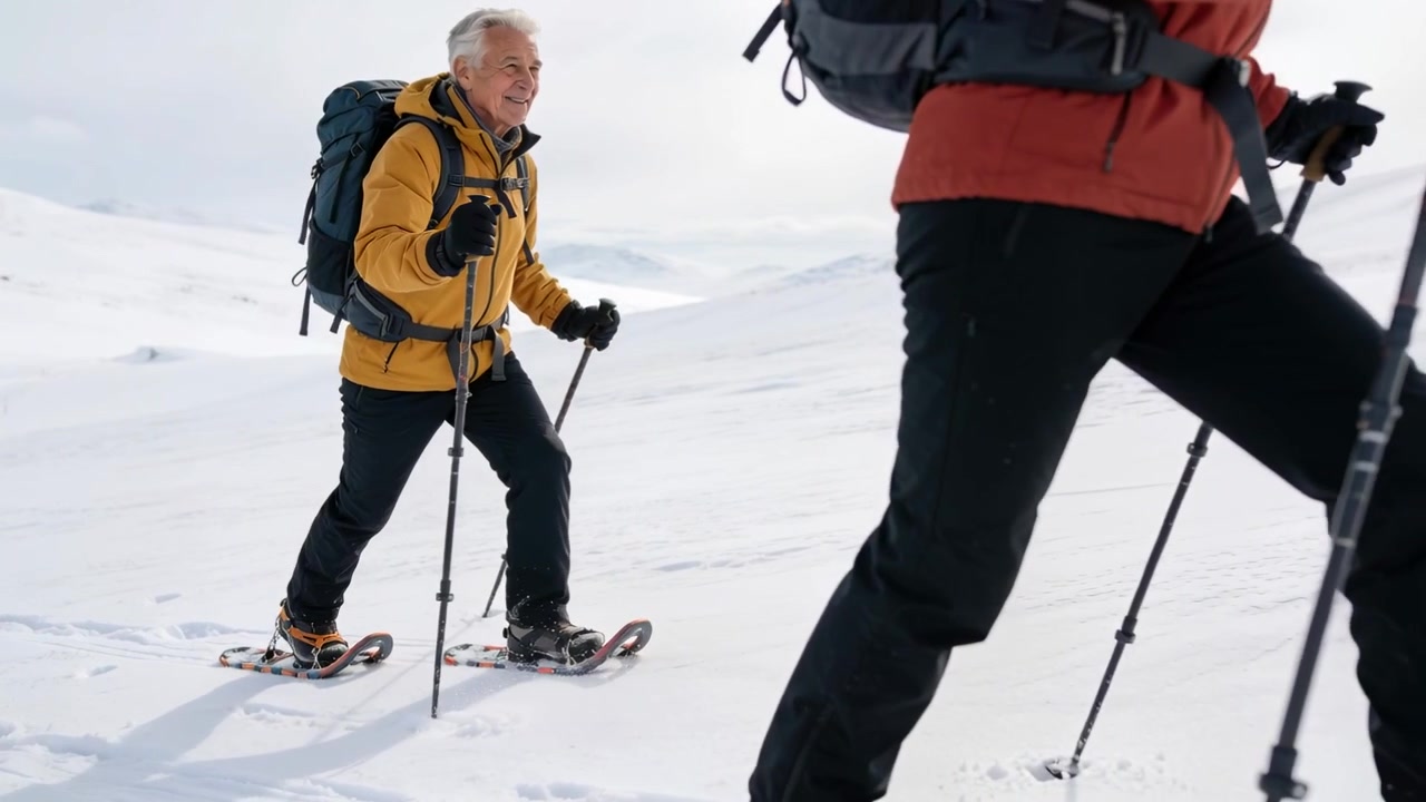 Anziano con giacca che segue l'escursionista in testa, piantando i bastoncini e salendo con le ciaspole sulla tundra.