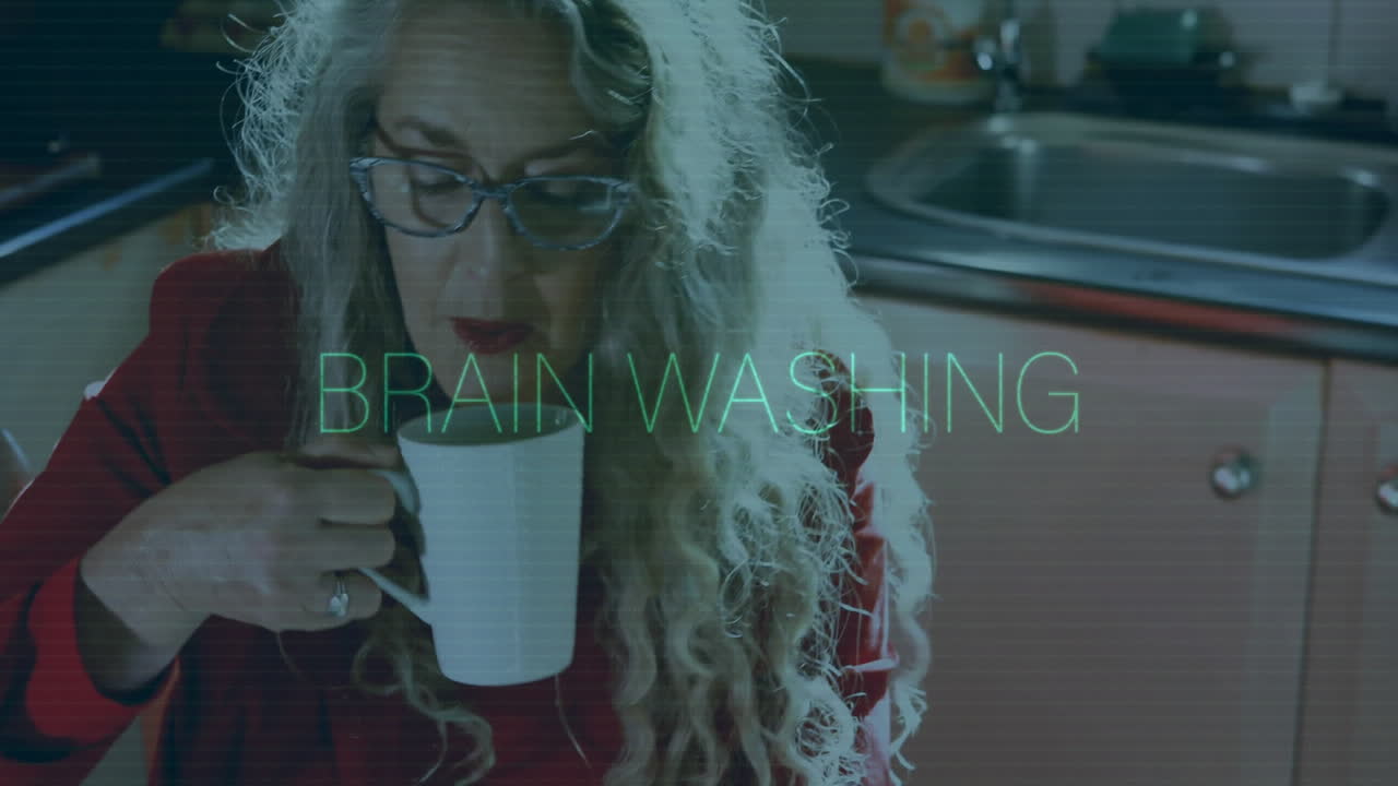 In kitchen, elderly woman drinking coffee with Brain Washing animation overlay