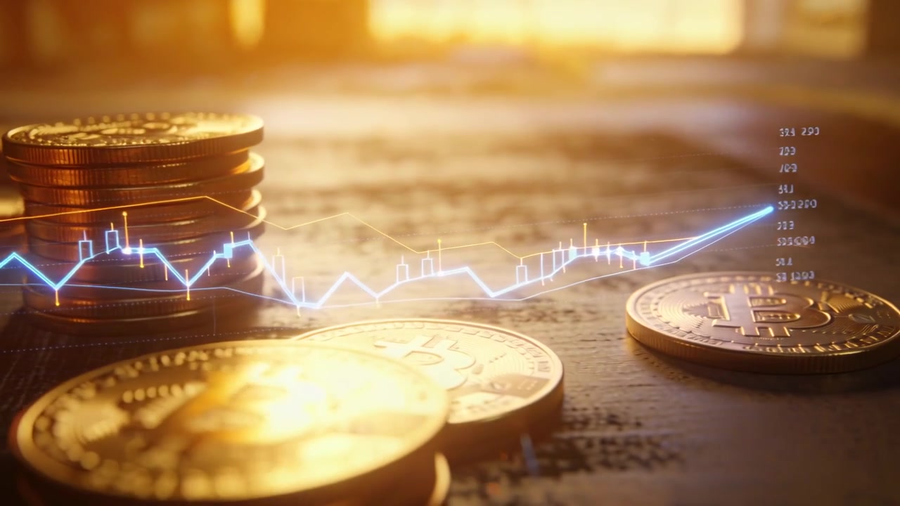 Animeret diagram får kameraet til at panorere, mens stablede Bitcoin-mønter på bordet i varmt lys viser vækst.