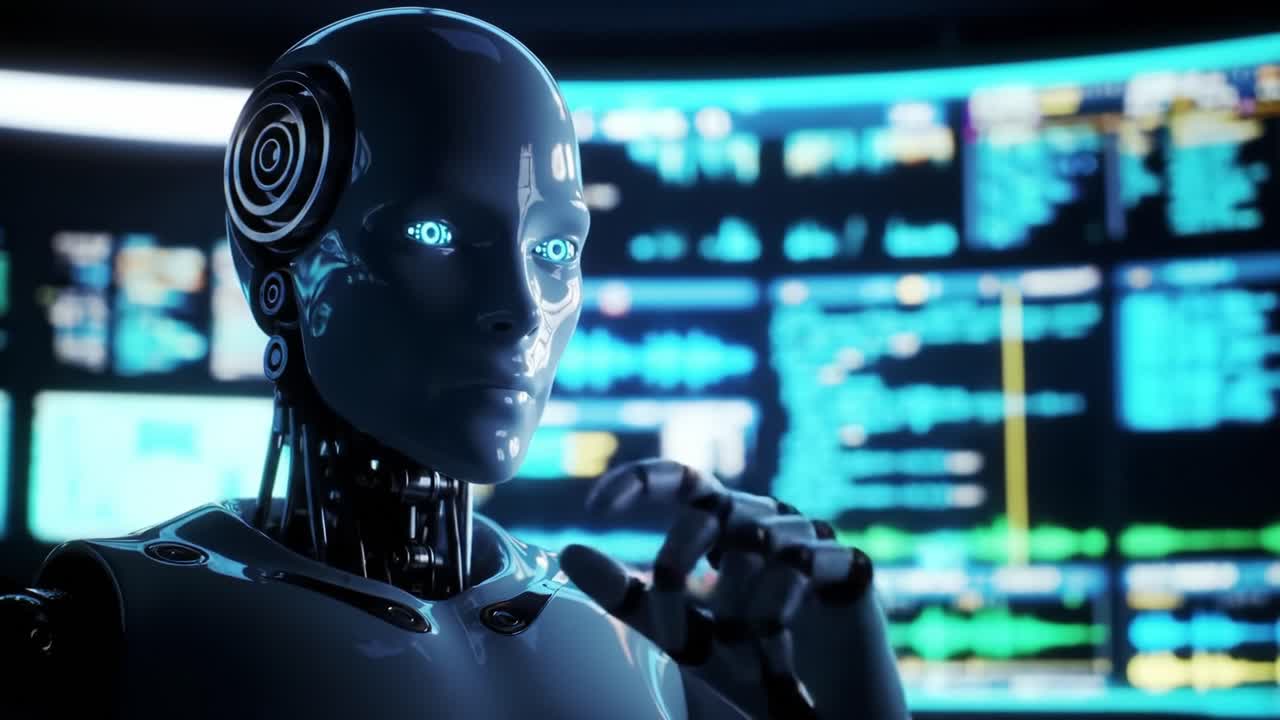 A humanoid robot interacts with digital screens filled with data and graphs in an advanced control room. The environment showcases cutting-edge technology in robotics and automation.