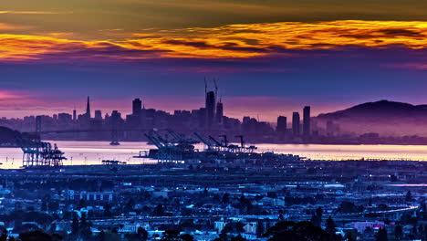 skyline of san francisco in far distance, fusion time lapse with colorful sky