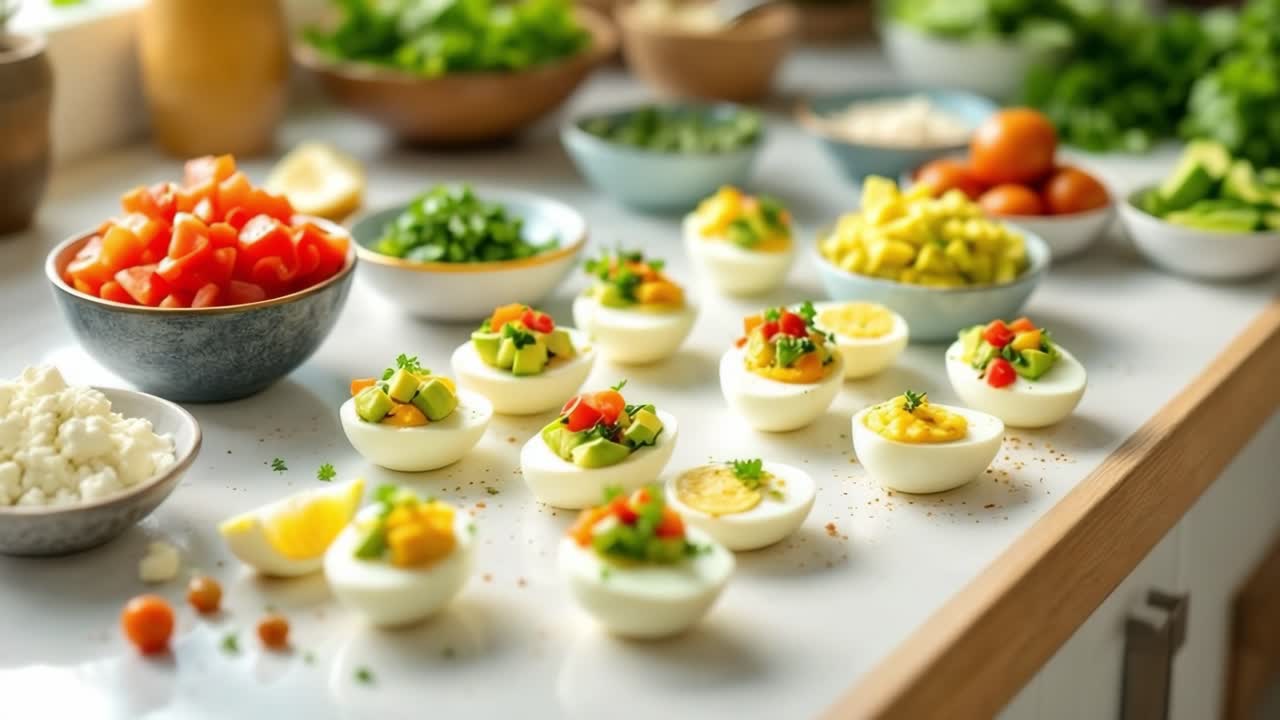 Colorful deviled eggs are beautifully arranged on a kitchen countertop, surrounded by fresh vegetables and herbs, showcasing a vibrant culinary scene filled with healthy ingredients and textures