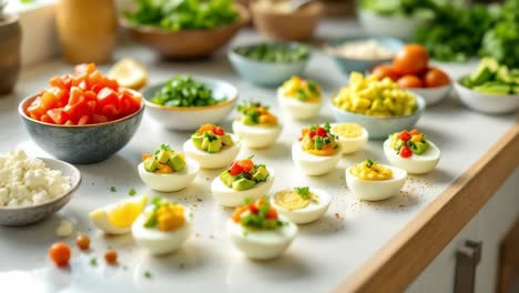 colorful deviled eggs are beautifully arranged on a kitchen countertop, surrounded by fresh vegetables and herbs, showcasing a vibrant culinary scene filled with healthy ingredients and textures