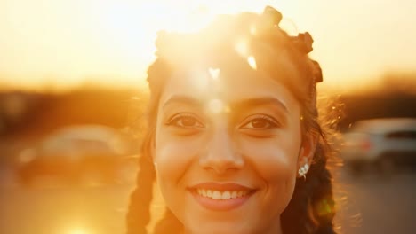 close-up portret van een glimlachende jonge vrouw met vlechten tegen een zonsondergang achtergrond.
