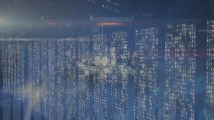 Animation of binary codes forming bar graphs and moving lines with stock market data