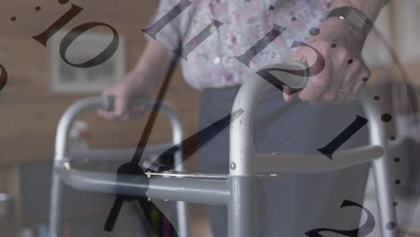 animación de reloj en movimiento sobre una mujer caucásica anciana con marco para caminar