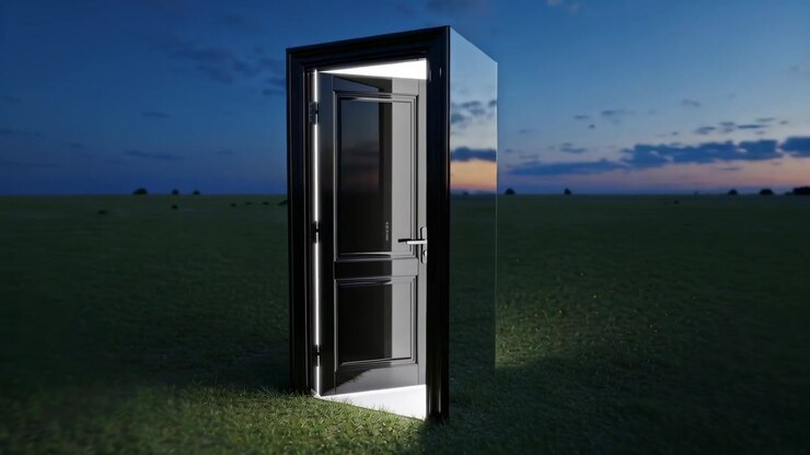 Opening door revealing LED lining at dusk on grassy plain, rotating mirror reflecting sunset