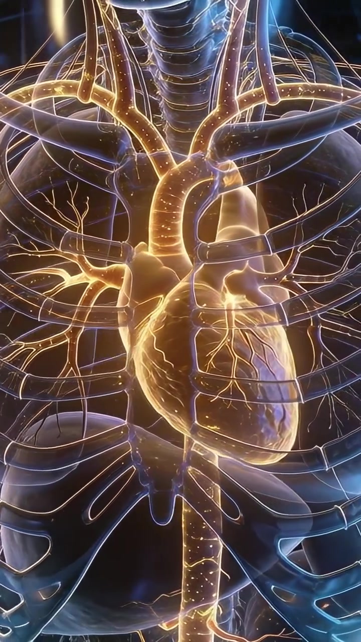 Vertical video: Moving camera revealing heart model pulsing in thoracic cavity for education