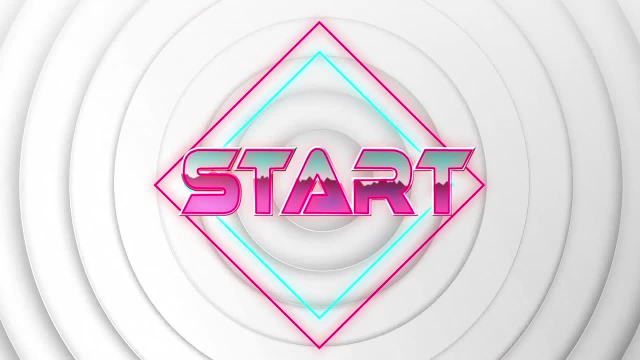 animación del texto de inicio sobre formas geométricas sobre fondo blanco