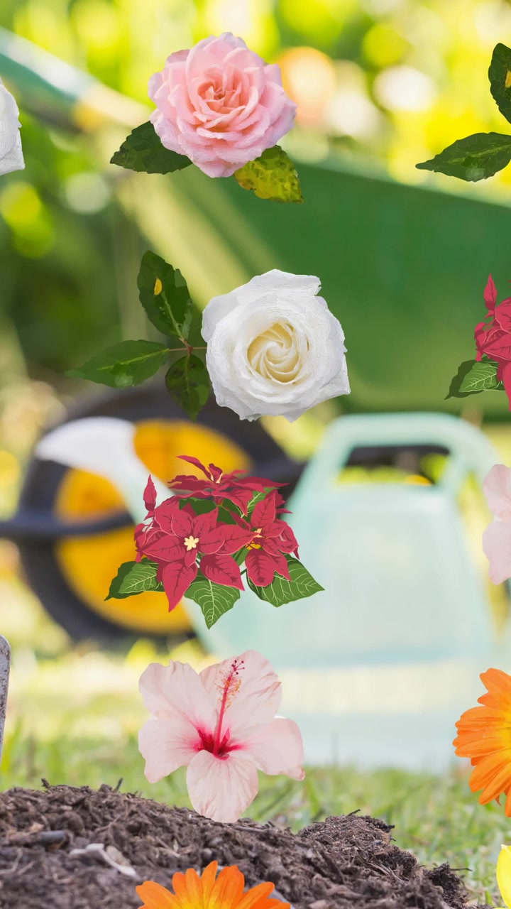 Animation of rows of matching flower heads moving in unison over wheelbarrow and garden background