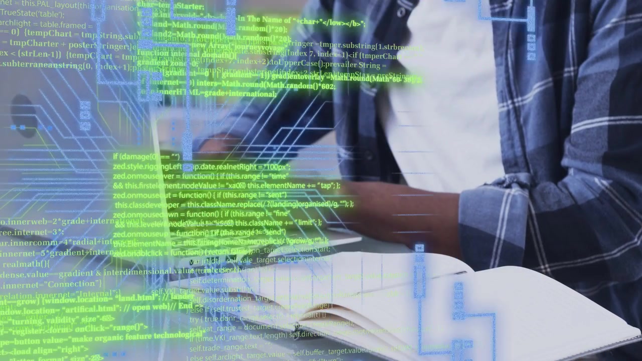Developer typing on laptop, referencing open notebook for coding, causing code and circuit overlays