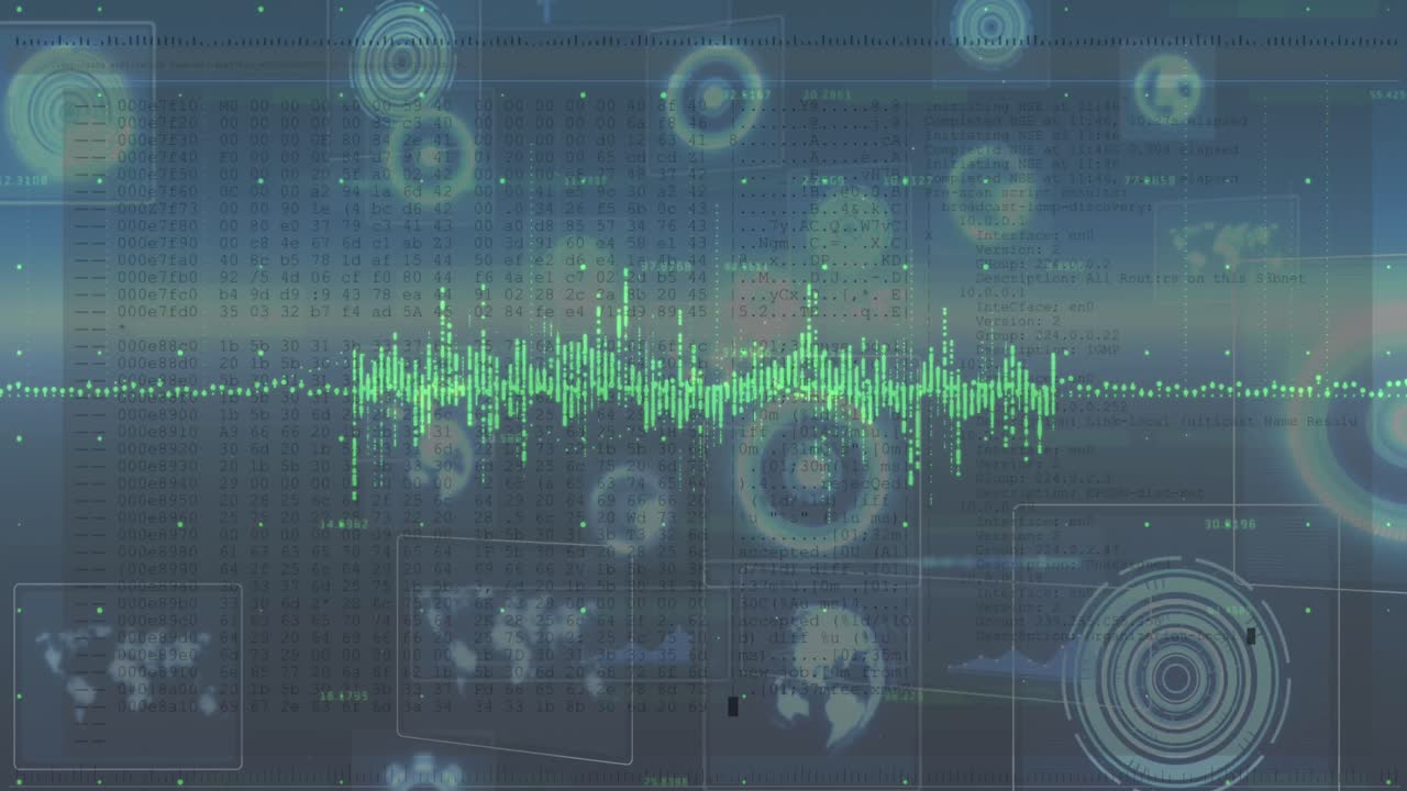 추상적인 배경에 대한 레이더, 원 및 글로브에 대한 여러 그래프의 애니메이션