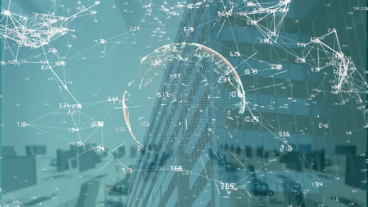 고층 건물에 대항하여 빈 사무실 위의 연결 네트워크의 지구상의 애니메이션.