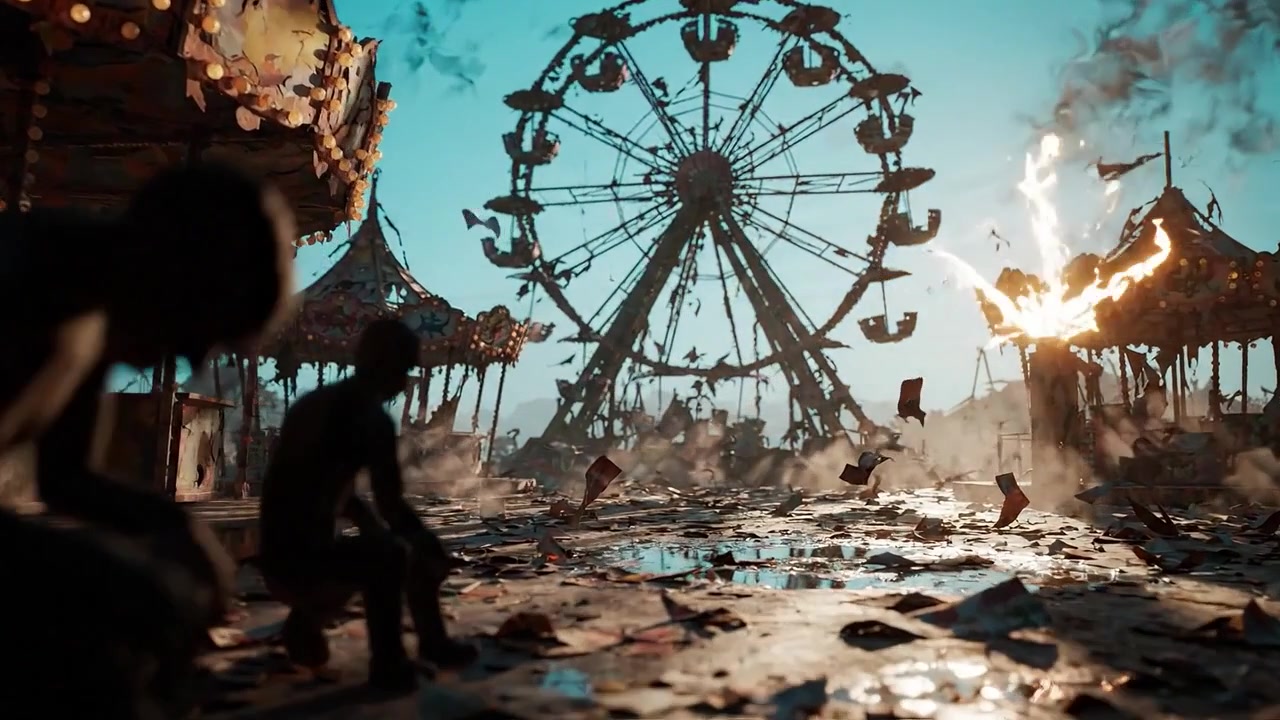Una scena suggestiva di un luna park abbandonato al crepuscolo, che mette in risalto una ruota panoramica deserta circondata da detriti, evocando sentimenti di nostalgia e perdita.