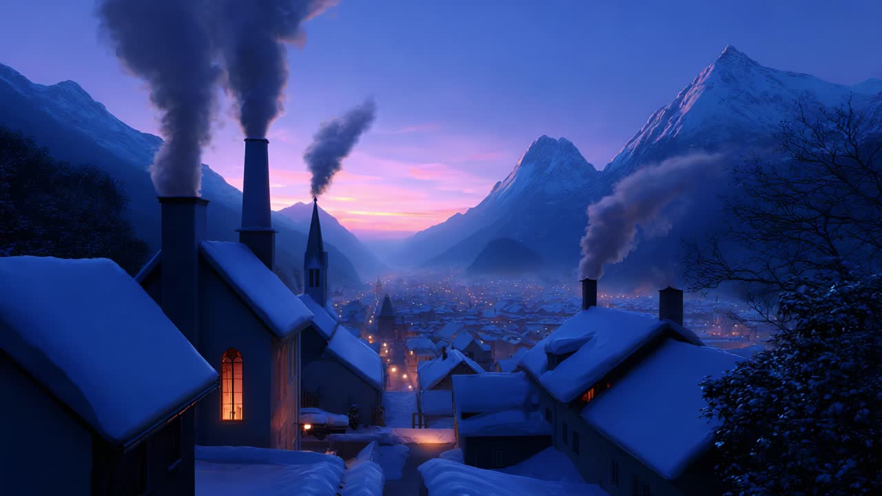 A serene winter evening scene showcasing a picturesque snow-covered valley illuminated by warm lights from cozy houses, with smoke rising from chimneys against majestic mountains at twilight