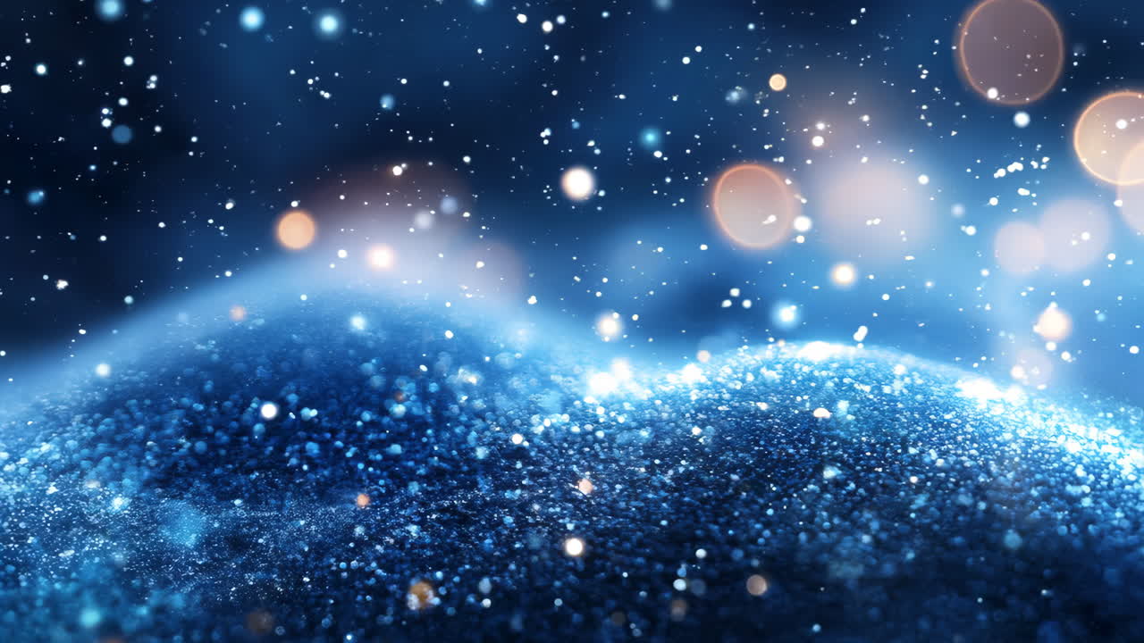 A blue sky with snow and bright lights. The snow is falling and the lights are shining on it