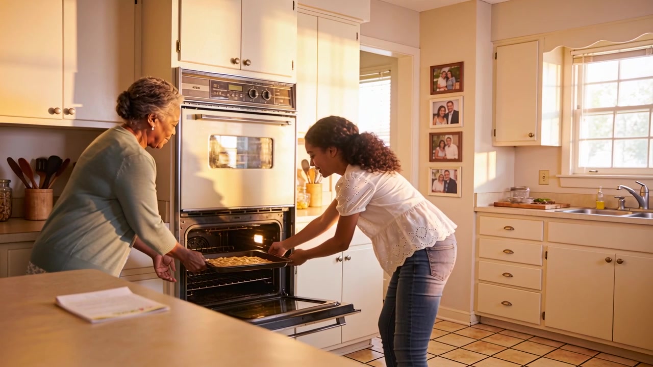 Un adolescente si avvicina mentre la nonna, indossando un cardigan in cucina, solleva un vassoio dal forno al bancone per farlo raffreddare