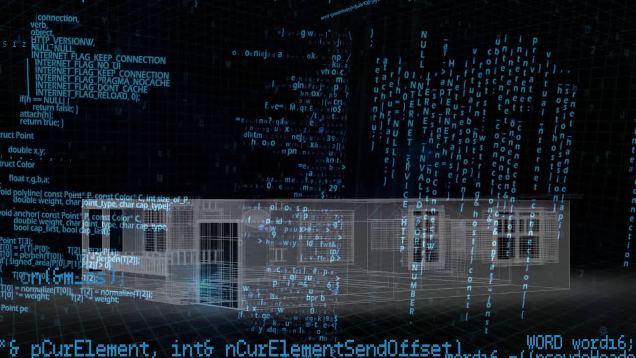 анимация цифрового интерфейса, показывающая информацию с архитектурным рисунком дома на черном