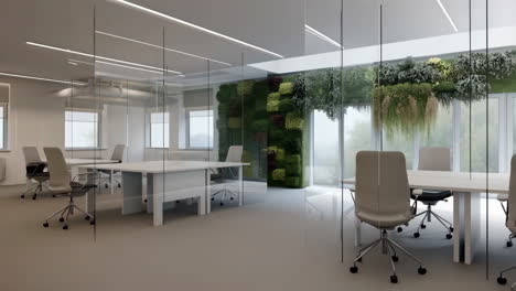 modern office interior with vertical garden and glass partitions