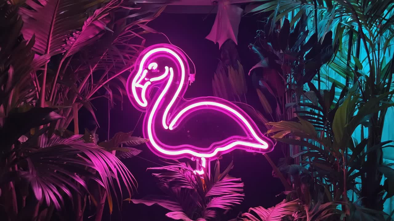 Neon Flamingo Among Tropical Plants