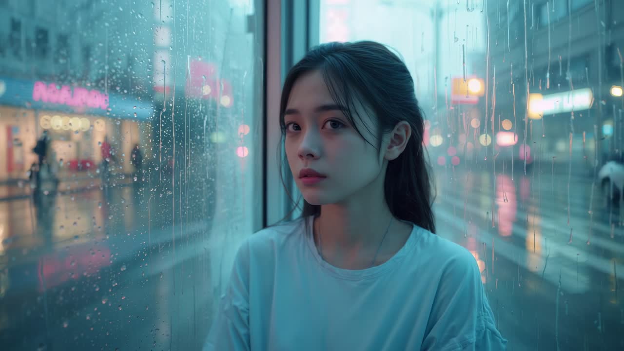 Listening to raindrop patter, adult Asian woman turning head toward neon-lit street through window