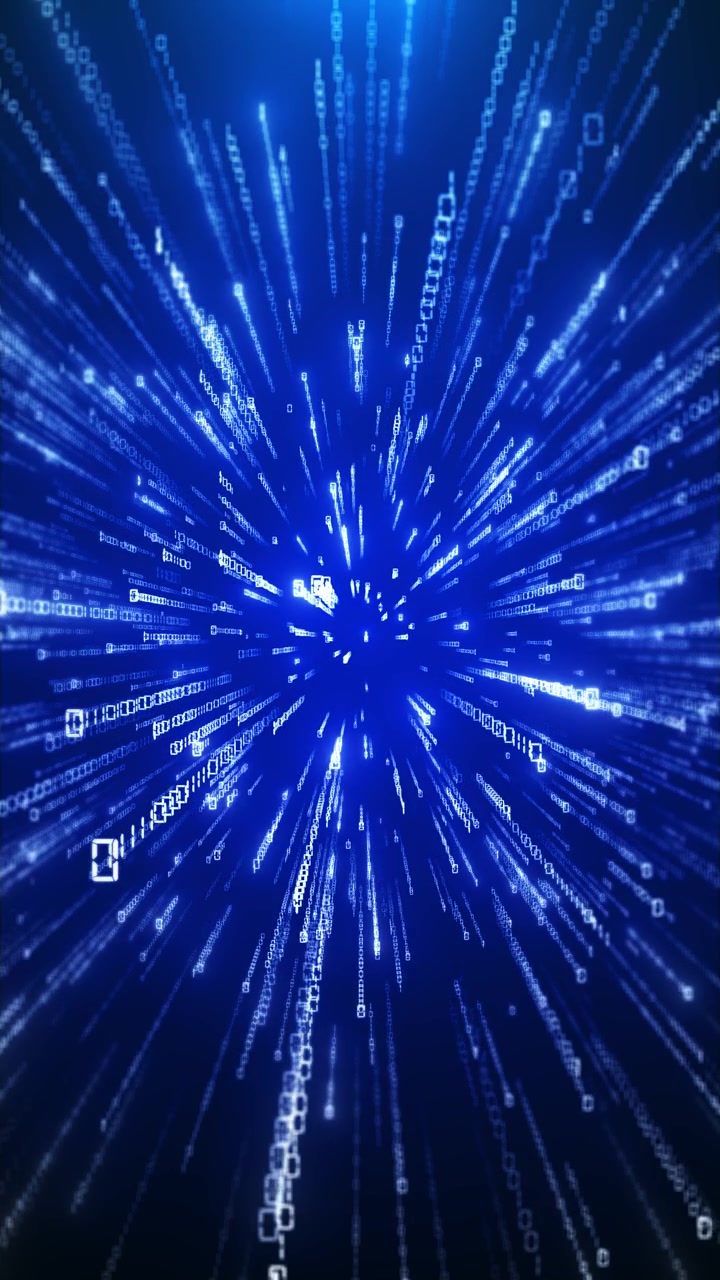 Digital data burst background with blue binary streams bright center glow and high speed tunnel