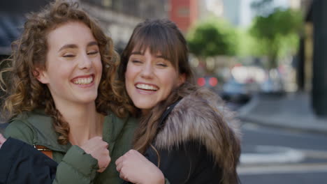 portrait happy young women embracing girlfriends smiling cheerful hugging enjoying friendship togetherness friends showing affection in urban city background