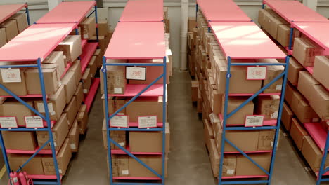 labeled cardboard boxes lining up on shelves at a chinese warehouse facility