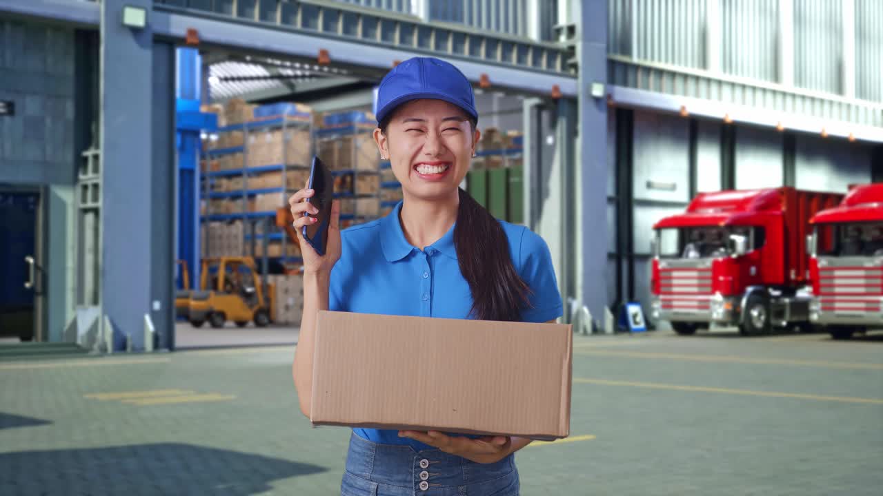 Asian Female Courier In Blue Uniform Looking At Smartphone And Celebrating The Succeed While Delivering A Carton, Outside Warehouse