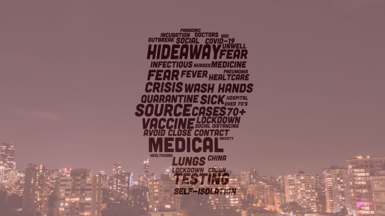 animação de distanciamento social e texto de covid 19 formando cabeça humana sobre a paisagem da cidade